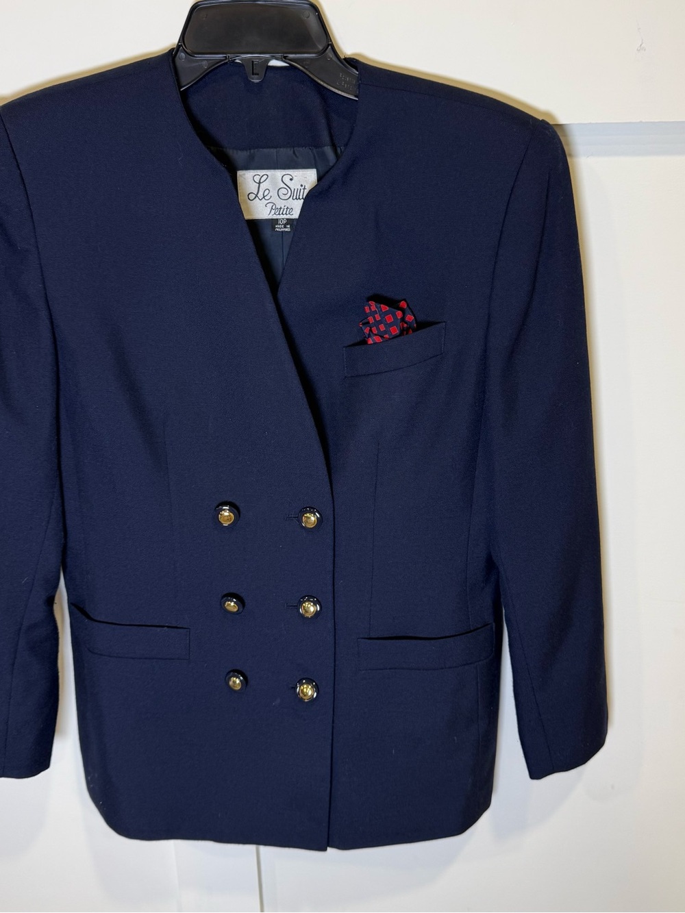 Le Suit Petite Navy Blue Double Breasted Gold Button Blazer Jacket Size 10P